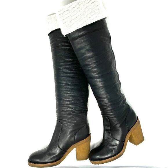 AUTHENTIC CHANEL TALL BLACK LEATHER AND WOOL RIDING BOOTS KNEE HIGH SIZE 6 - Picture 4 of 13